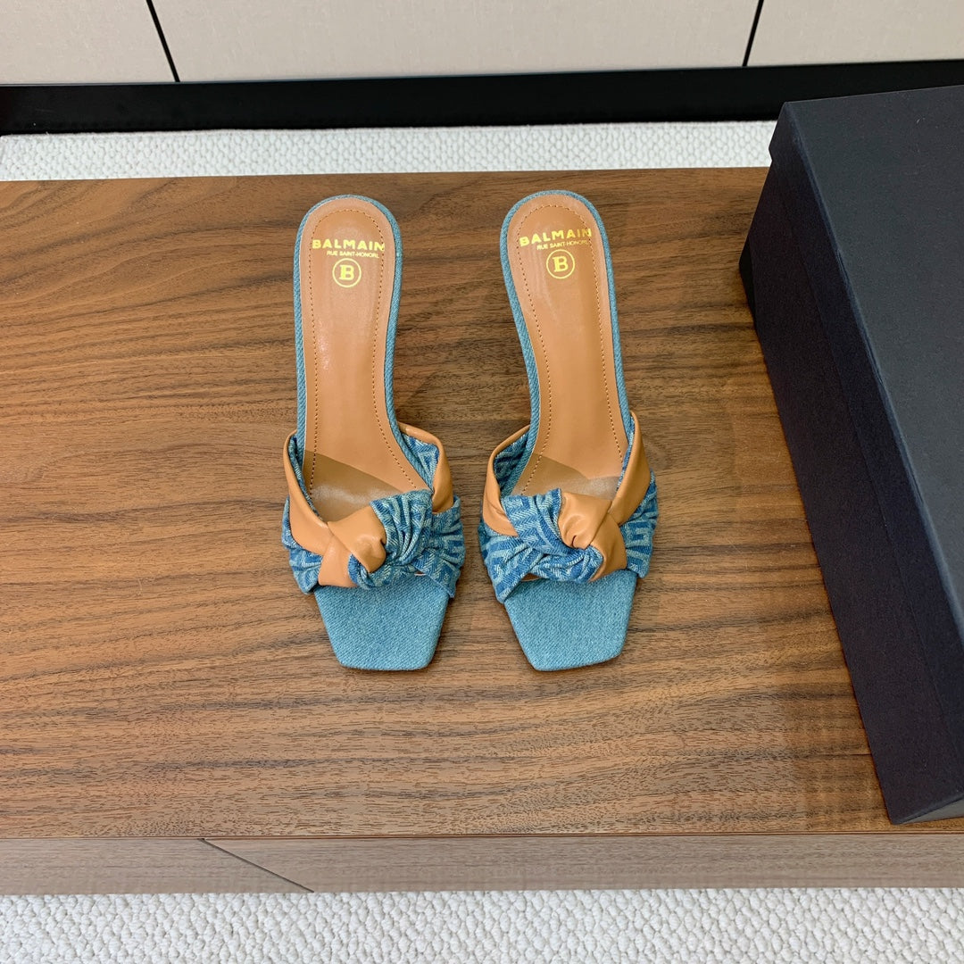 BALMAIN 25S HIGH HEEL MULES 95MM IN WARM CARAMEL DENIM AND CALFSKIN - 36