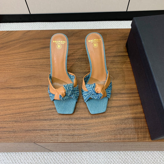 BALMAIN 25S HIGH HEEL MULES 95MM IN WARM CARAMEL DENIM AND CALFSKIN - 36