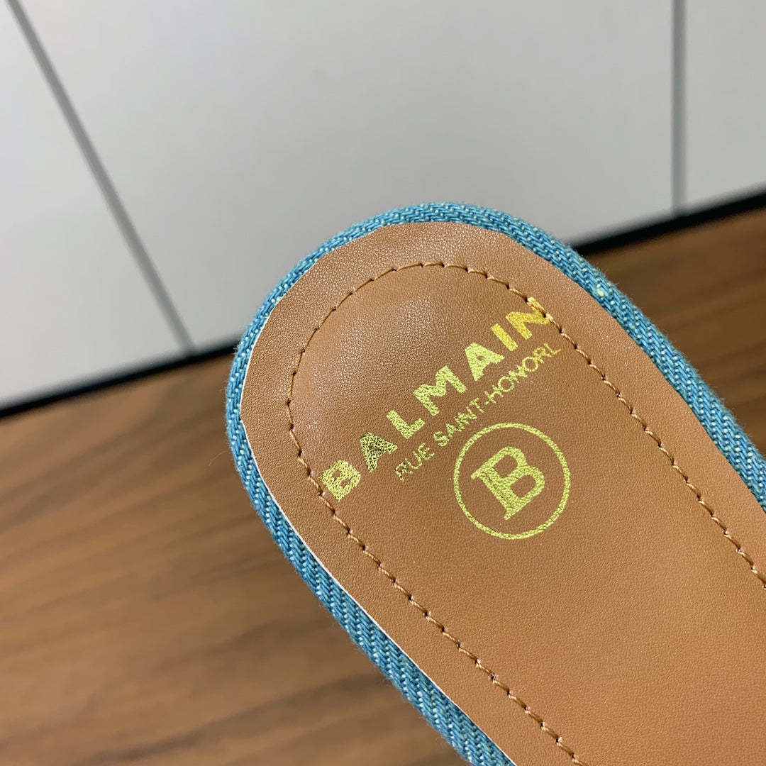 BALMAIN 25S HIGH HEEL MULES 95MM IN WARM CARAMEL DENIM AND CALFSKIN - 36