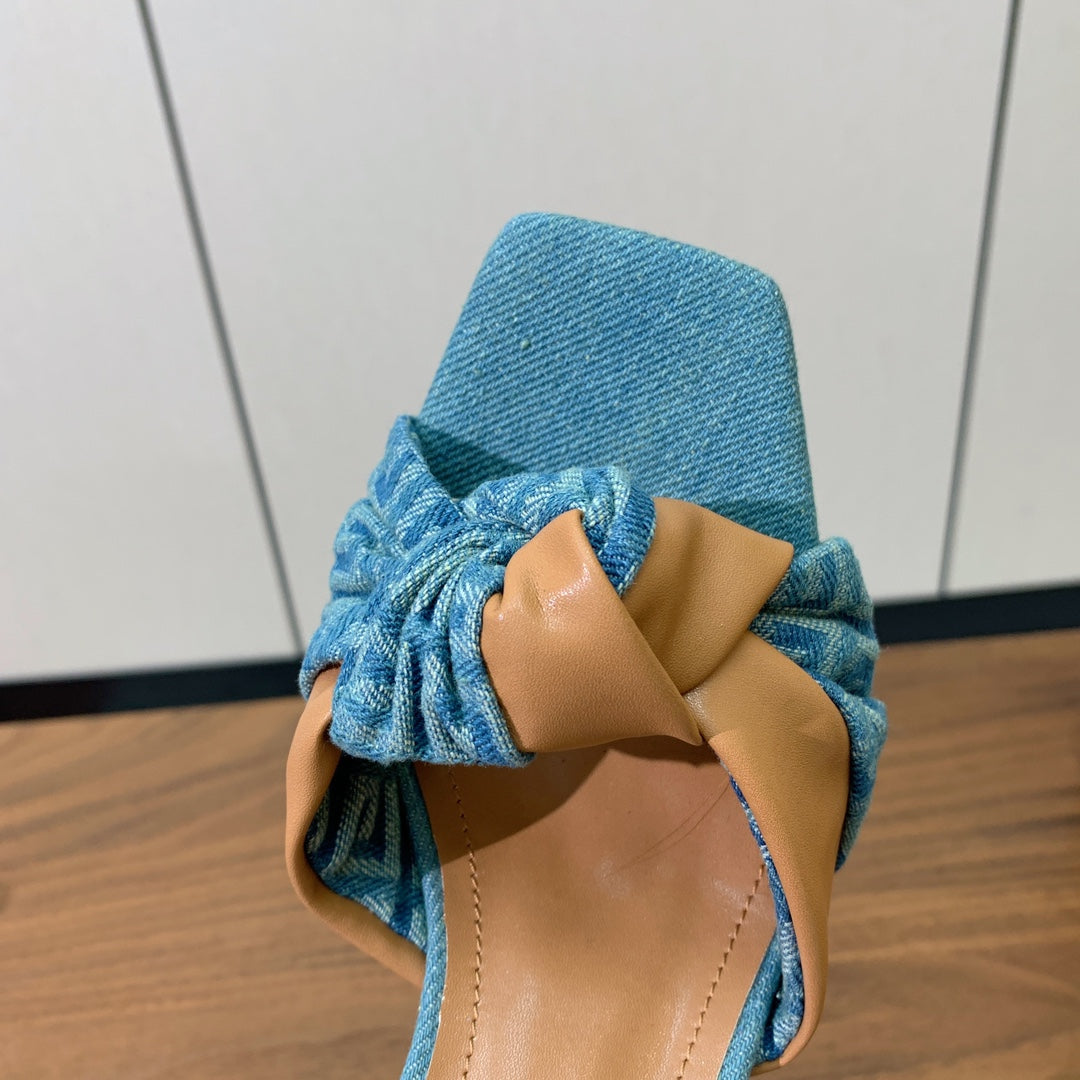 BALMAIN 25S HIGH HEEL MULES 95MM IN WARM CARAMEL DENIM AND CALFSKIN - 36