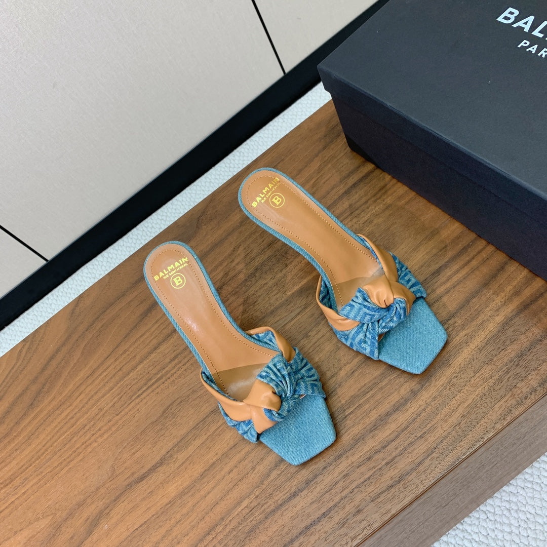 BALMAIN 25S HIGH HEEL MULES 95MM IN WARM CARAMEL DENIM AND CALFSKIN - 36