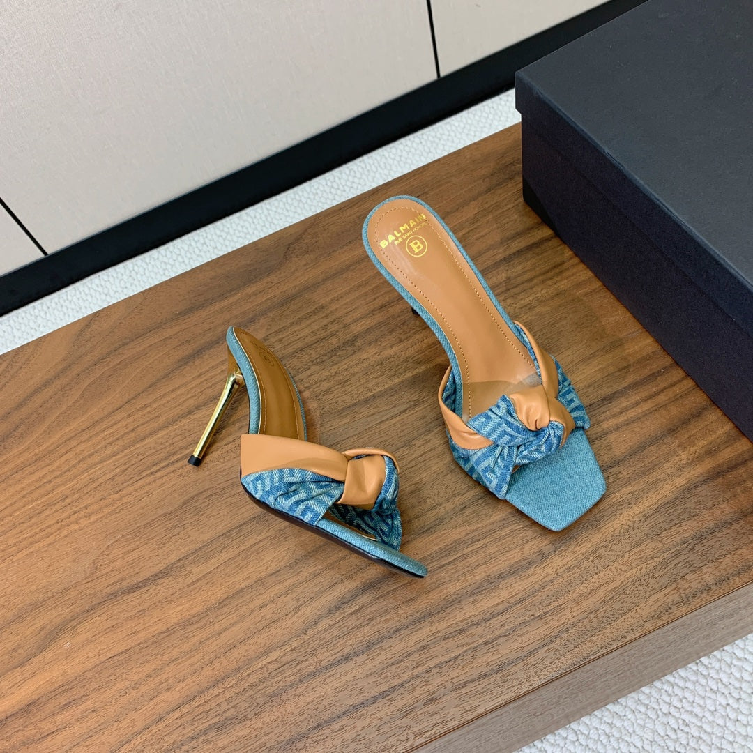 BALMAIN 25S HIGH HEEL MULES 95MM IN WARM CARAMEL DENIM AND CALFSKIN - 36