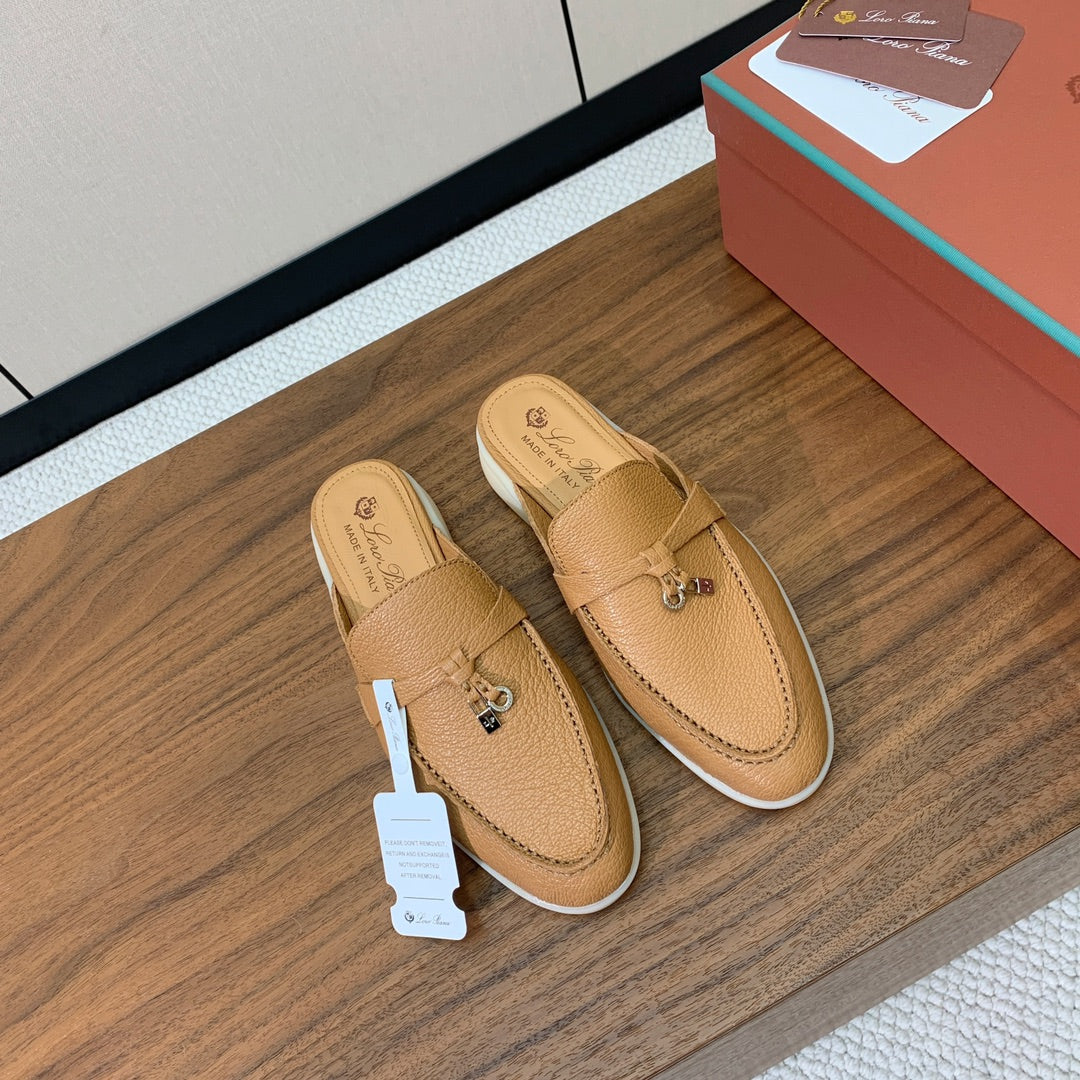 LP FLAT MULES 25S IN BROWN LAMBSKIN WITH SILVER HARDWARE - 34