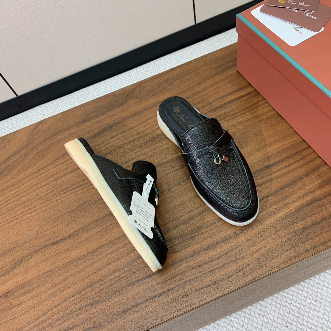 LP FLAT MULES 25S IN BLACK LAMBSKIN WITH SILVER HARDWARE - 34