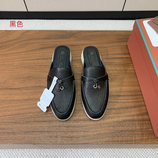 LP FLAT MULES 25S IN BLACK LAMBSKIN WITH SILVER HARDWARE - 34