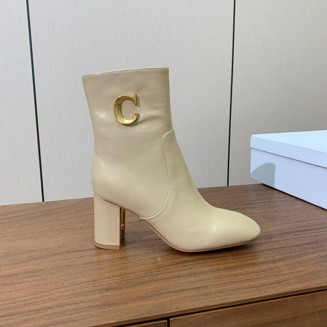 DIOR 25S ANKLE BOOTS 80 MM IN BEIGE CALFSKIN WITH GOLD HARDWARE - 35