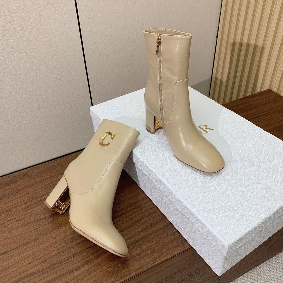 DIOR 25S ANKLE BOOTS 80 MM IN BEIGE CALFSKIN WITH GOLD HARDWARE - 35