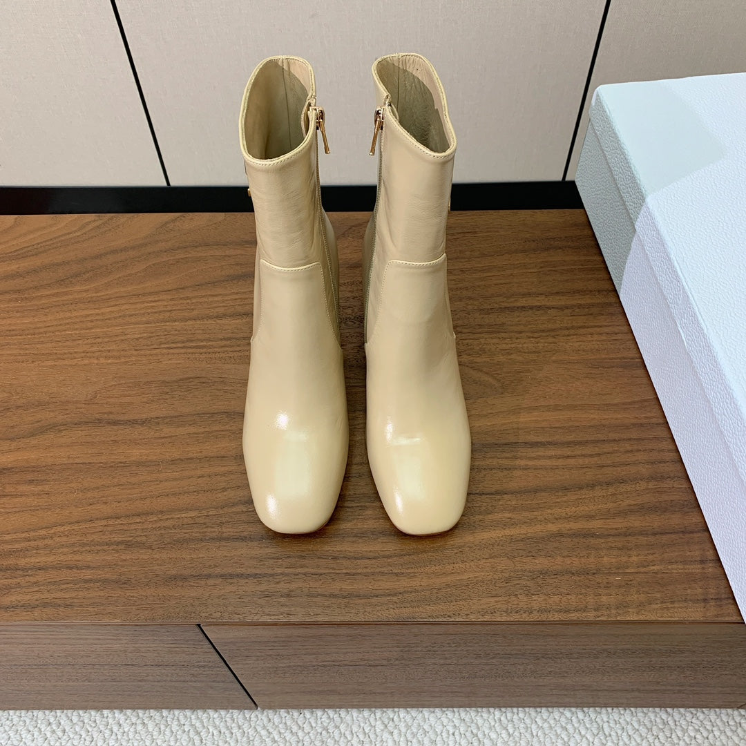 DIOR 25S ANKLE BOOTS 80 MM IN BEIGE CALFSKIN WITH GOLD HARDWARE - 35