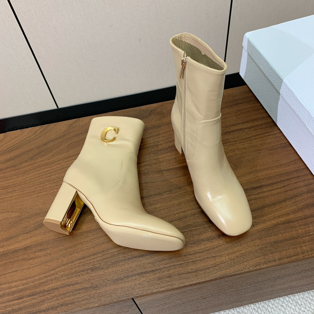 DIOR 25S ANKLE BOOTS 80 MM IN BEIGE CALFSKIN WITH GOLD HARDWARE - 35