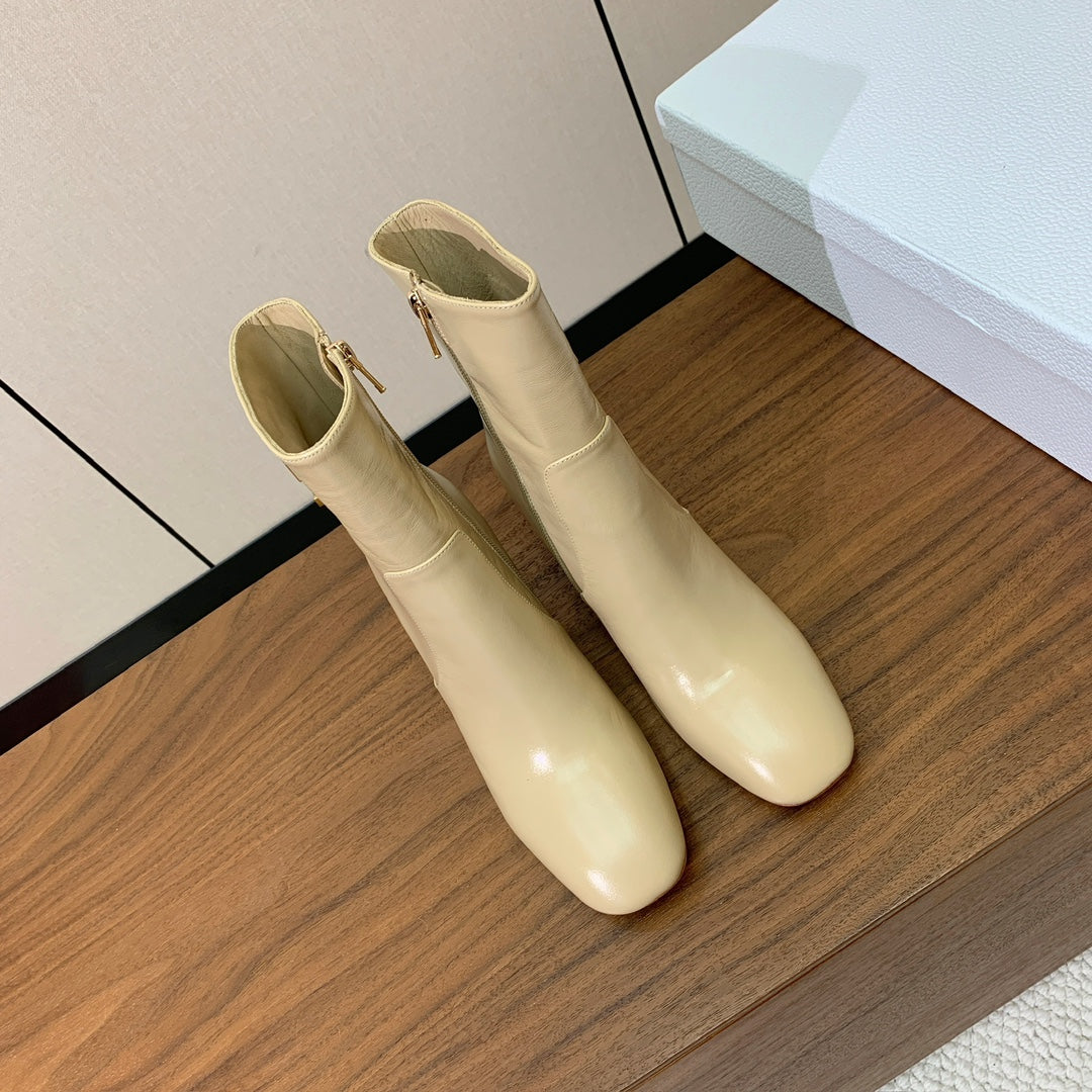 DIOR 25S ANKLE BOOTS 80 MM IN BEIGE CALFSKIN WITH GOLD HARDWARE - 35