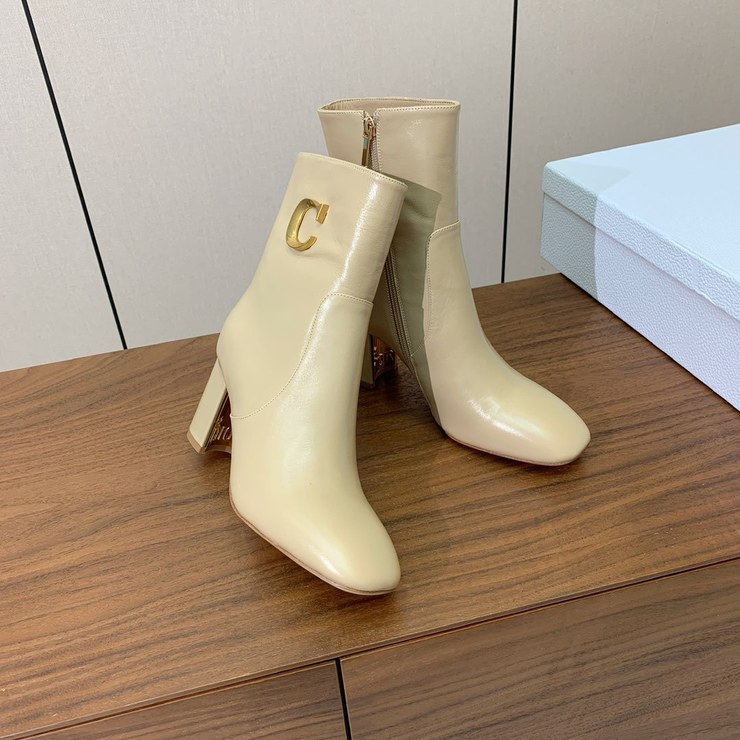 DIOR 25S ANKLE BOOTS 80 MM IN BEIGE CALFSKIN WITH GOLD HARDWARE - 35