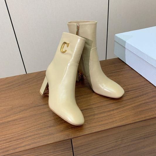 DIOR 25S ANKLE BOOTS 80 MM IN BEIGE CALFSKIN WITH GOLD HARDWARE - 35
