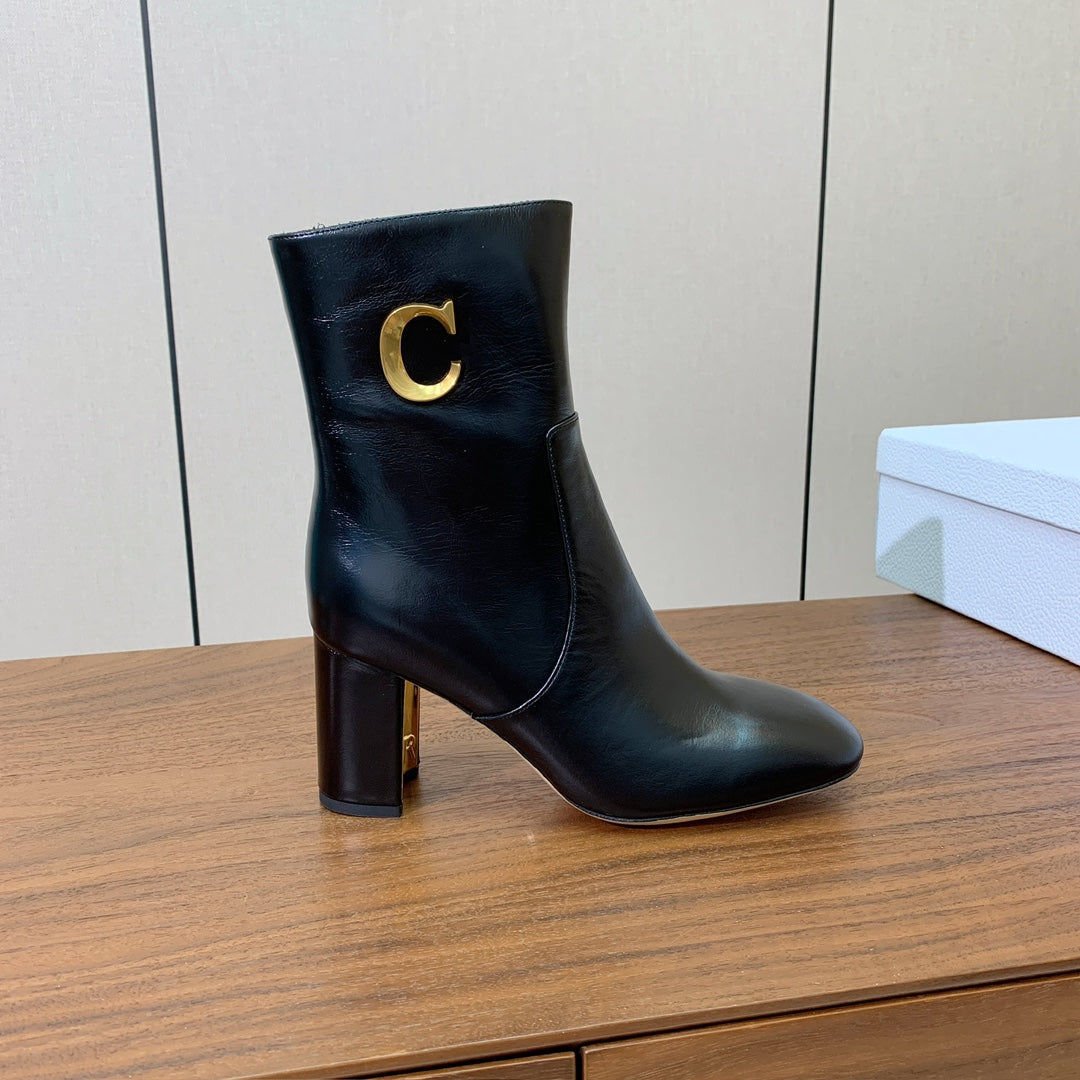 DIOR 25S ANKLE BOOTS 80 MM IN BLACK CALFSKIN WITH GOLD HARDWARE - 35
