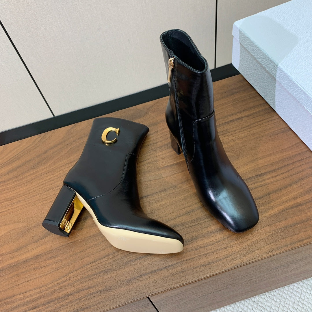 DIOR 25S ANKLE BOOTS 80 MM IN BLACK CALFSKIN WITH GOLD HARDWARE - 35