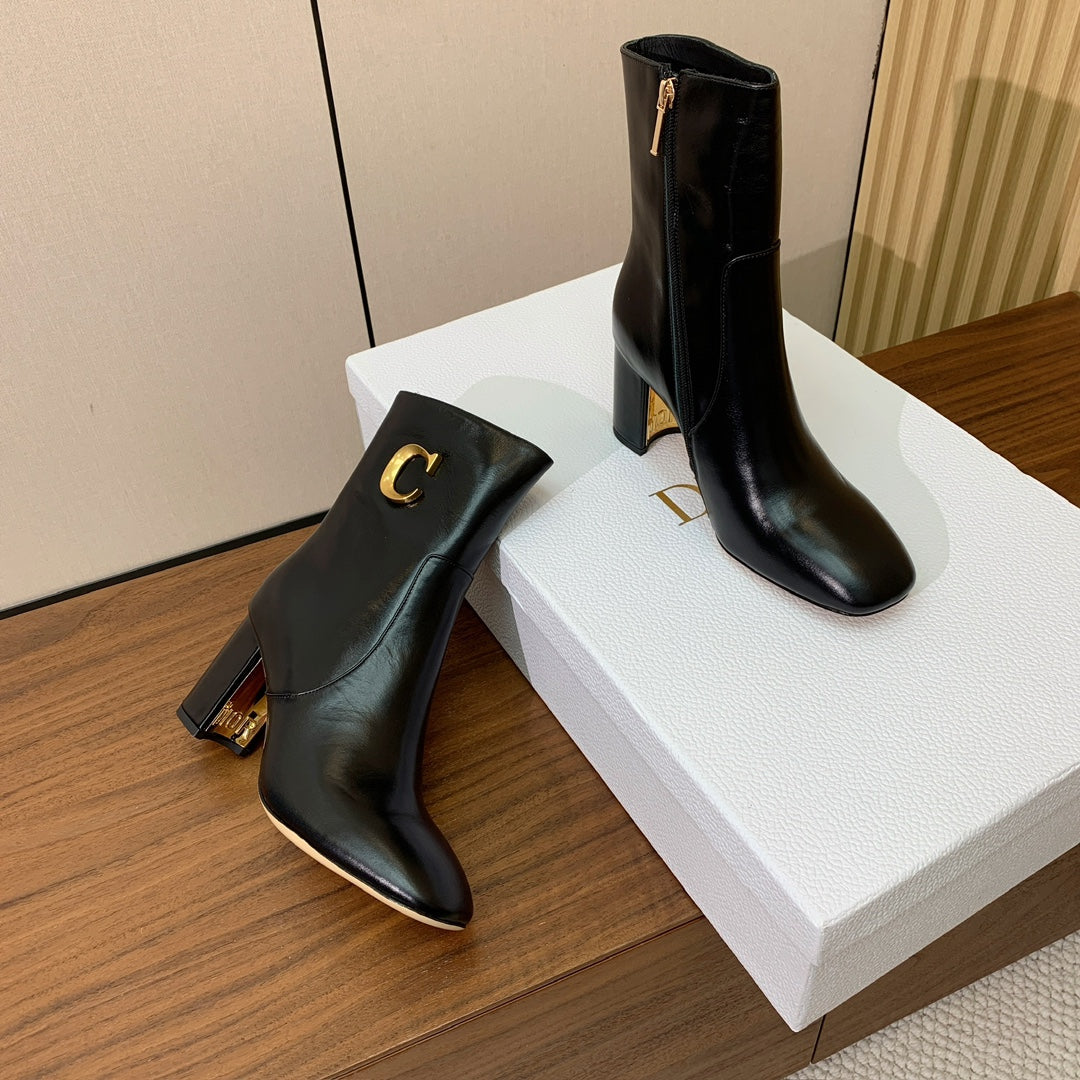DIOR 25S ANKLE BOOTS 80 MM IN BLACK CALFSKIN WITH GOLD HARDWARE - 35