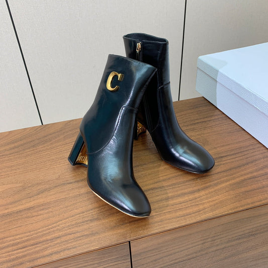DIOR 25S ANKLE BOOTS 80 MM IN BLACK CALFSKIN WITH GOLD HARDWARE - 35
