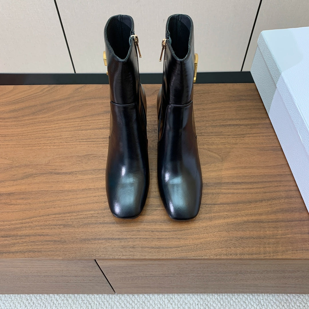 DIOR 25S ANKLE BOOTS 80 MM IN BLACK CALFSKIN WITH GOLD HARDWARE - 35