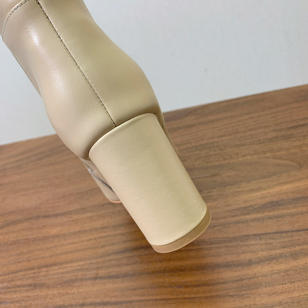 DIOR 25S KNEE-HIGH BOOTS 80 MM IN BEIGE CALFSKIN WITH GOLD HARDWARE - 35