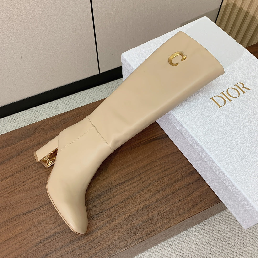 DIOR 25S KNEE-HIGH BOOTS 80 MM IN BEIGE CALFSKIN WITH GOLD HARDWARE - 35