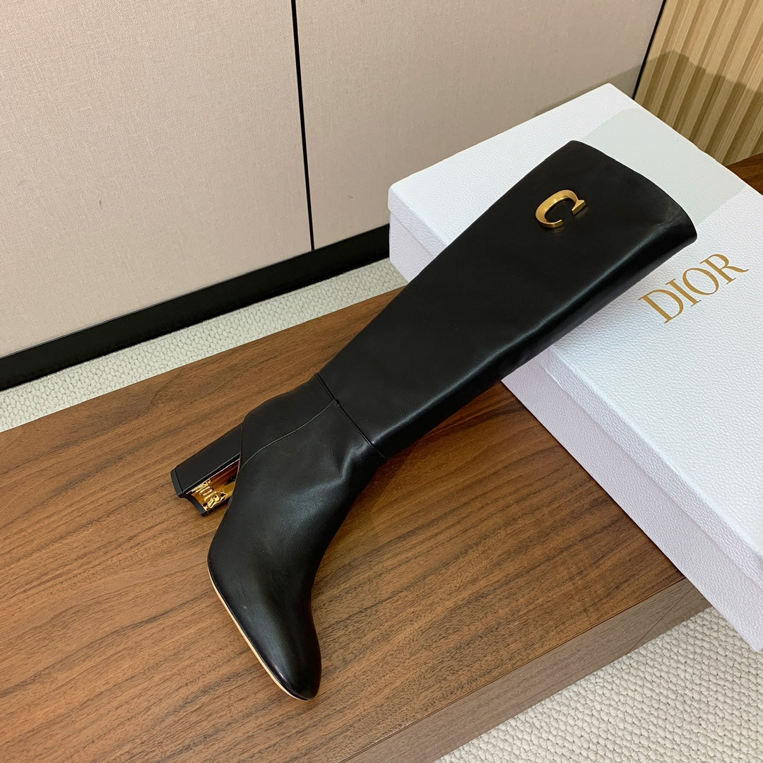 DIOR 25S KNEE-HIGH BOOTS 80 MM IN BLACK CALFSKIN WITH GOLD HARDWARE - 35