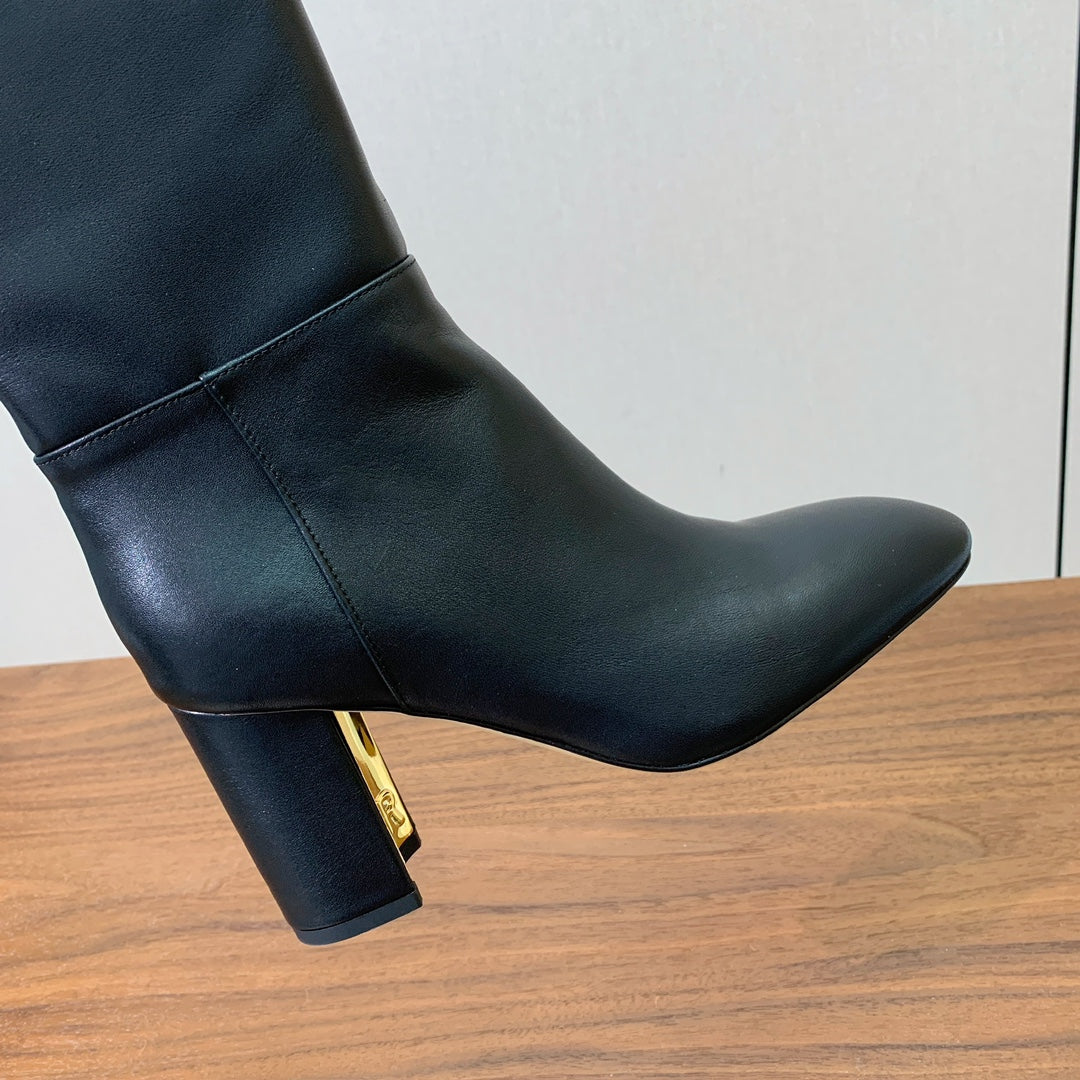 DIOR 25S KNEE-HIGH BOOTS 80 MM IN BLACK CALFSKIN WITH GOLD HARDWARE - 35