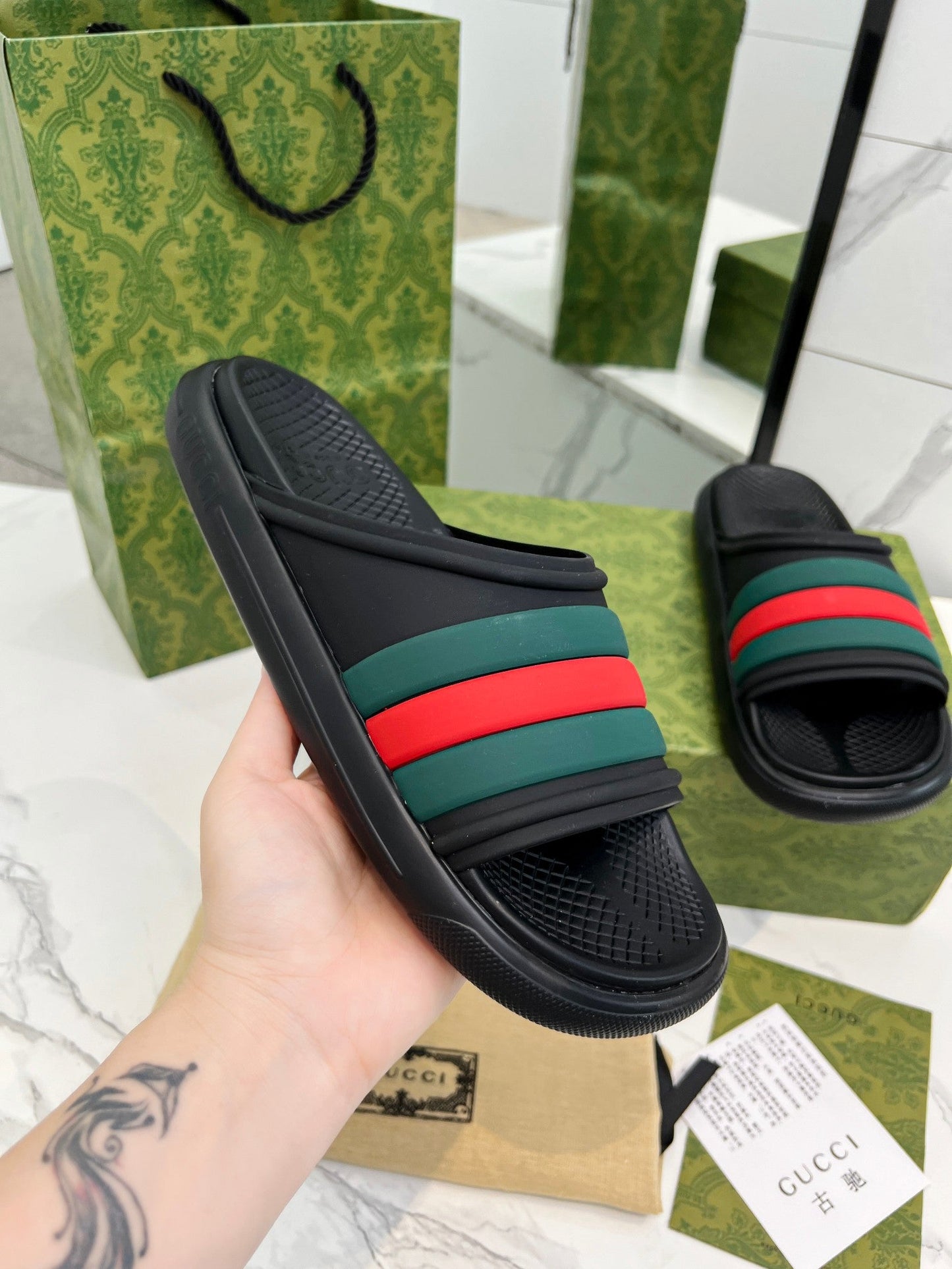 PLATFORM SLIPPERS IN BLACK MIX GREEN AND RED IMPORTED TPU - 35