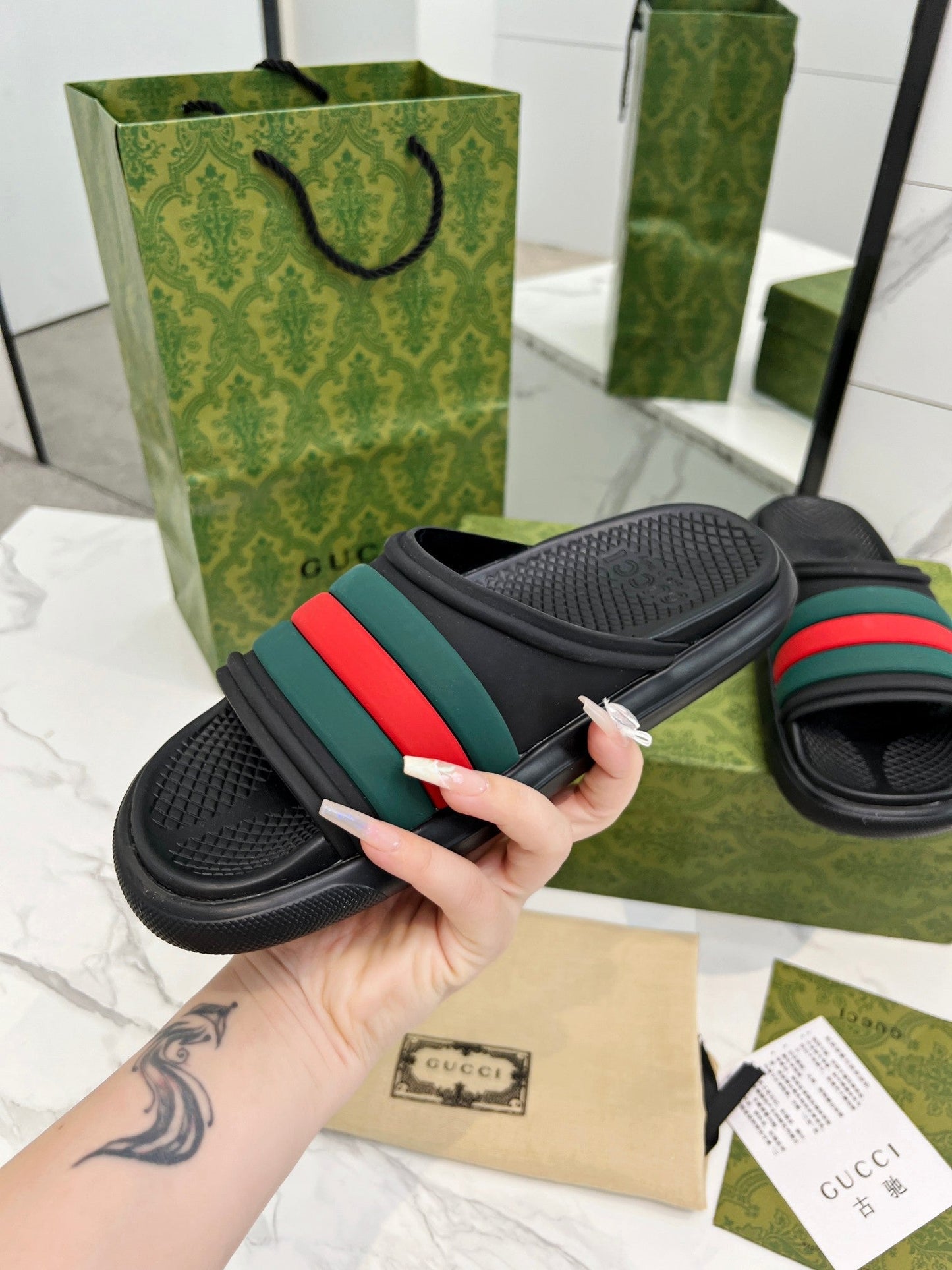 PLATFORM SLIPPERS IN BLACK MIX GREEN AND RED IMPORTED TPU - 35