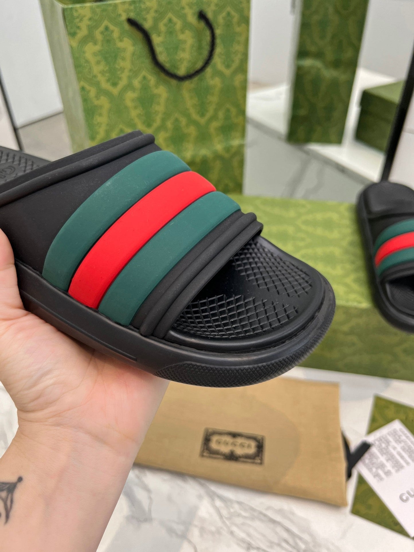 PLATFORM SLIPPERS IN BLACK MIX GREEN AND RED IMPORTED TPU - 35