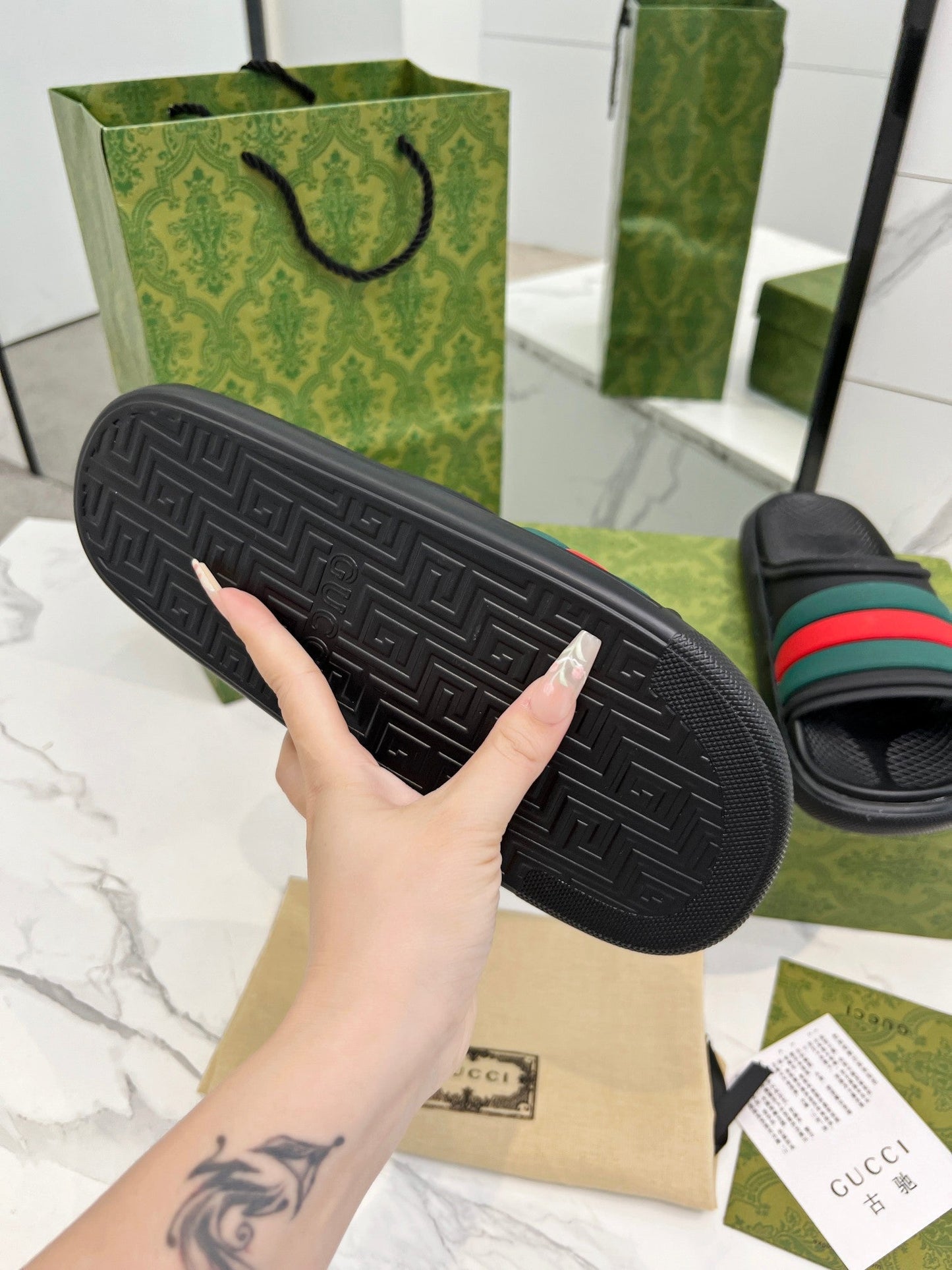 PLATFORM SLIPPERS IN BLACK MIX GREEN AND RED IMPORTED TPU - 35