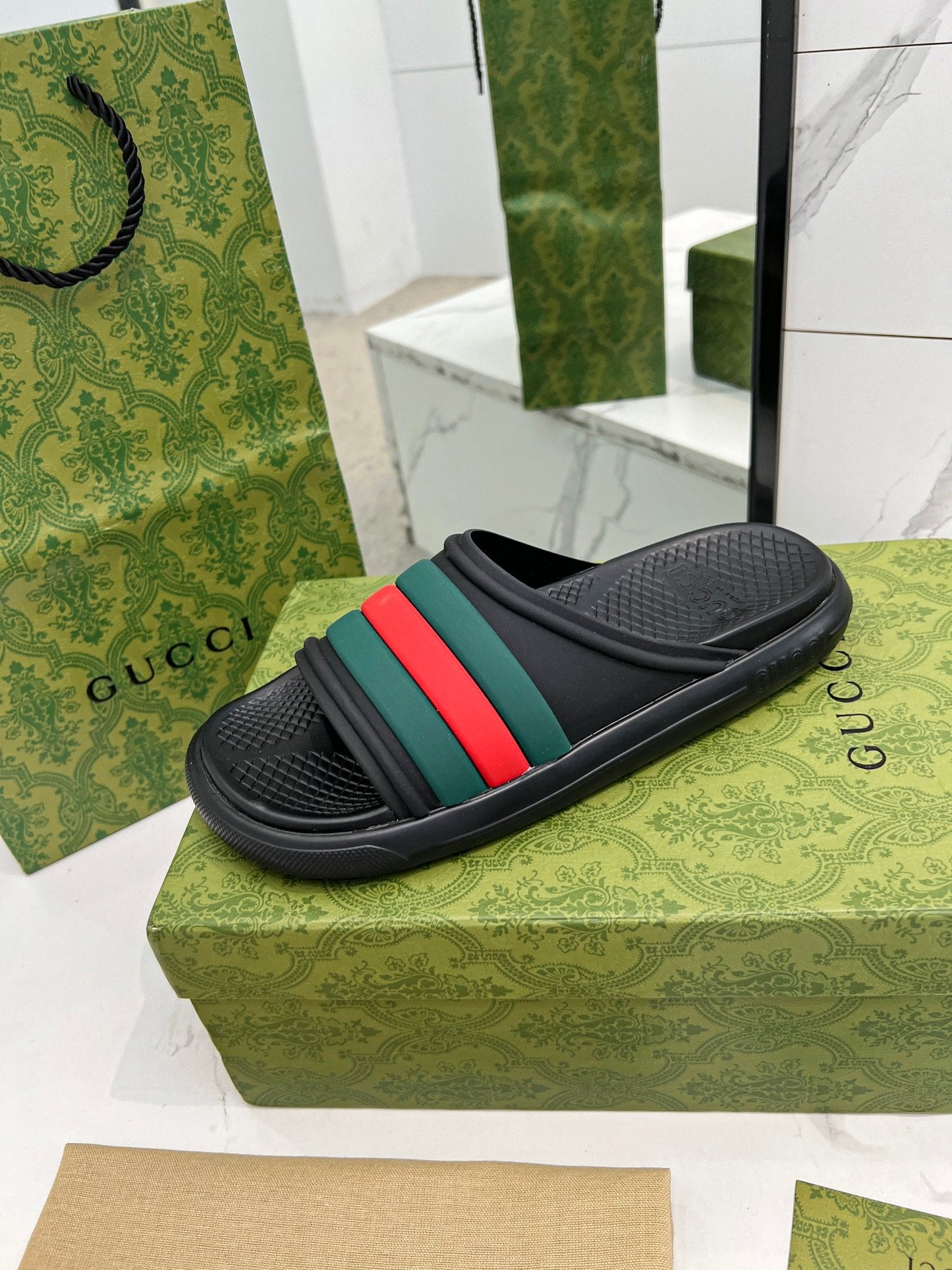 PLATFORM SLIPPERS IN BLACK MIX GREEN AND RED IMPORTED TPU - 35