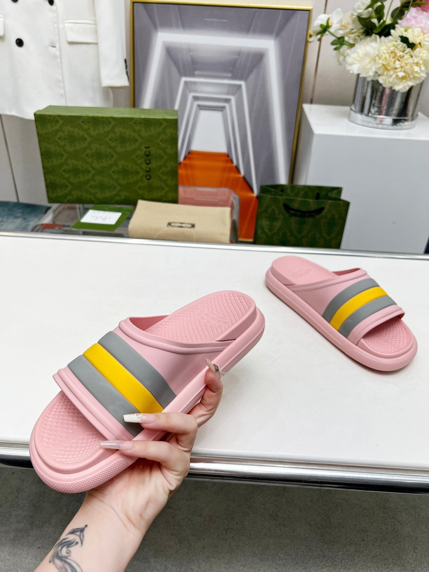 PLATFORM SLIPPERS IN LIGHT PINK MIX COLORFUL IMPORTED TPU - 35