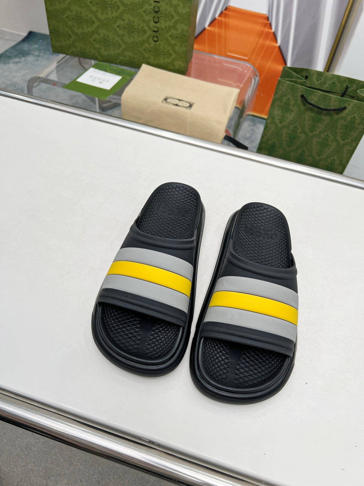 PLATFORM SLIPPERS IN BLACK MIX GRAY AND YELLOW IMPORTED TPU - 35