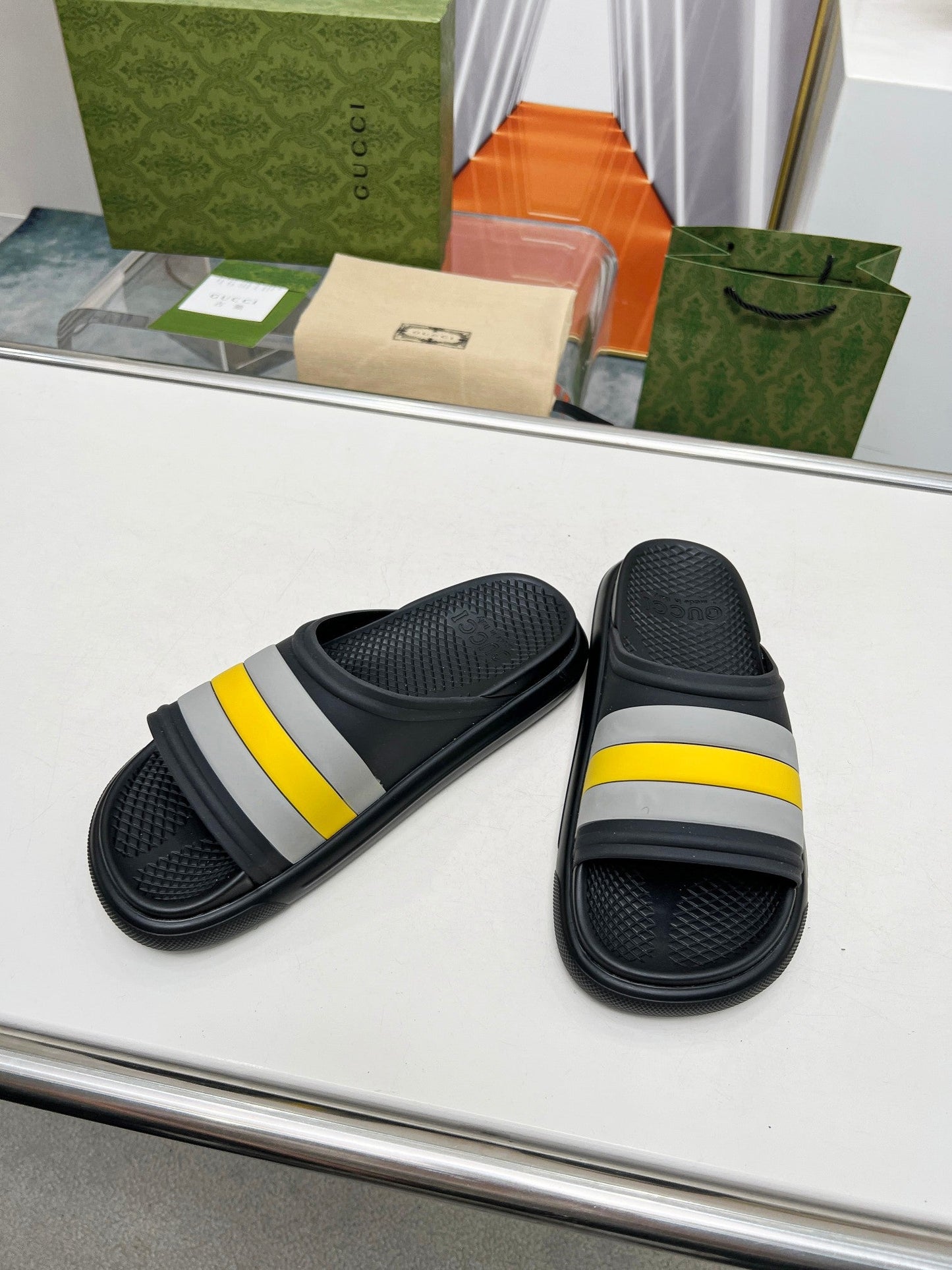 PLATFORM SLIPPERS IN BLACK MIX GRAY AND YELLOW IMPORTED TPU - 35
