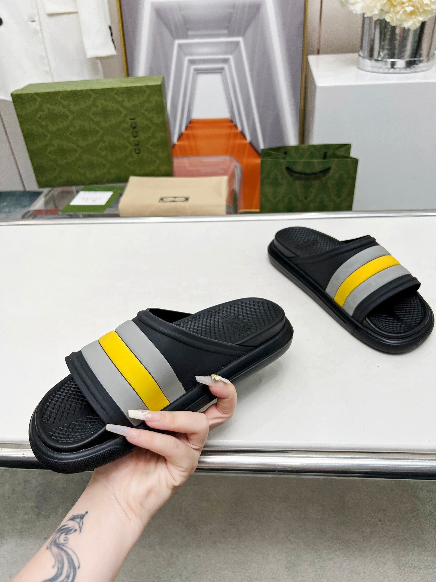 PLATFORM SLIPPERS IN BLACK MIX GRAY AND YELLOW IMPORTED TPU - 35