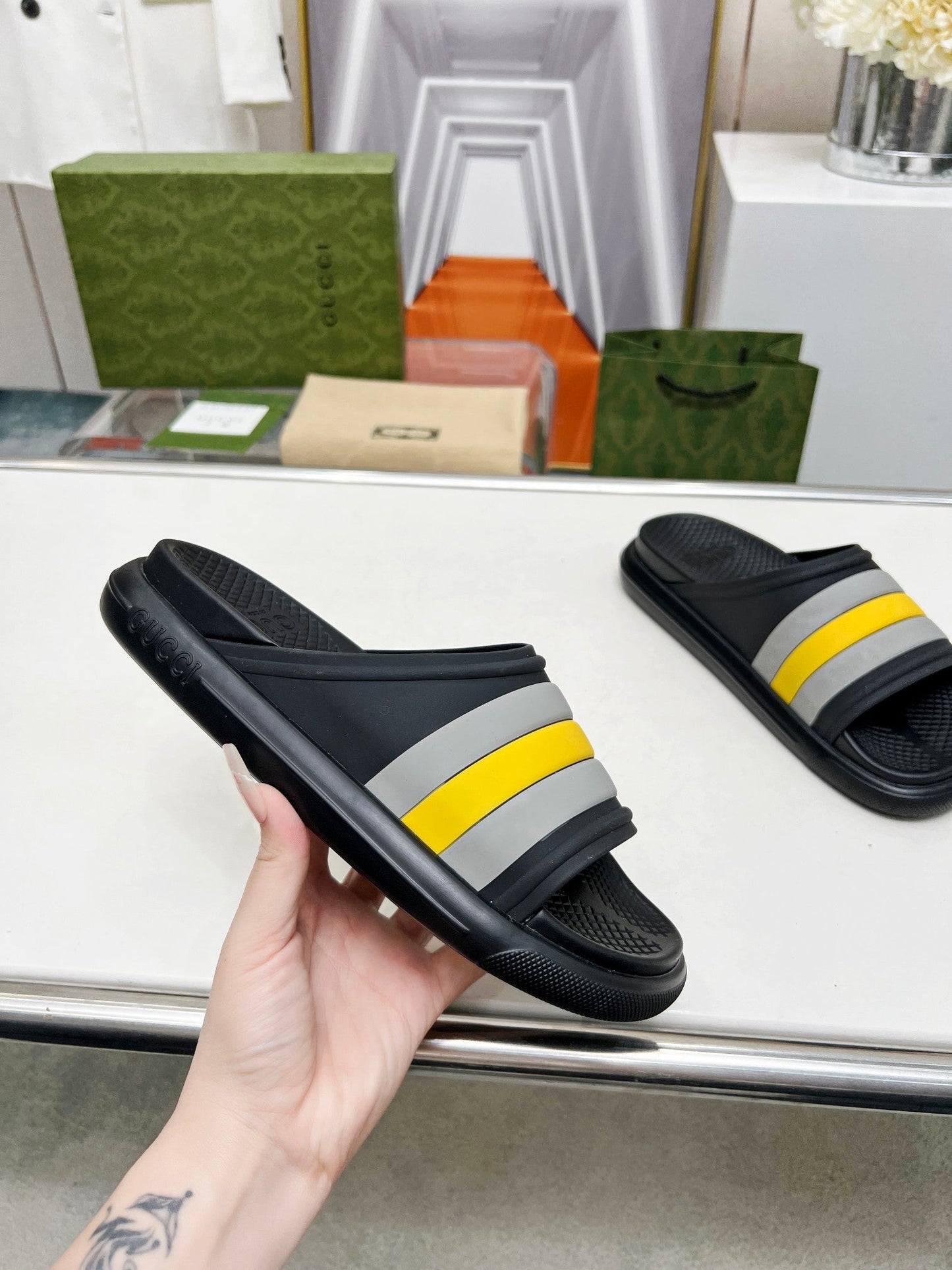 PLATFORM SLIPPERS IN BLACK MIX GRAY AND YELLOW IMPORTED TPU - 35