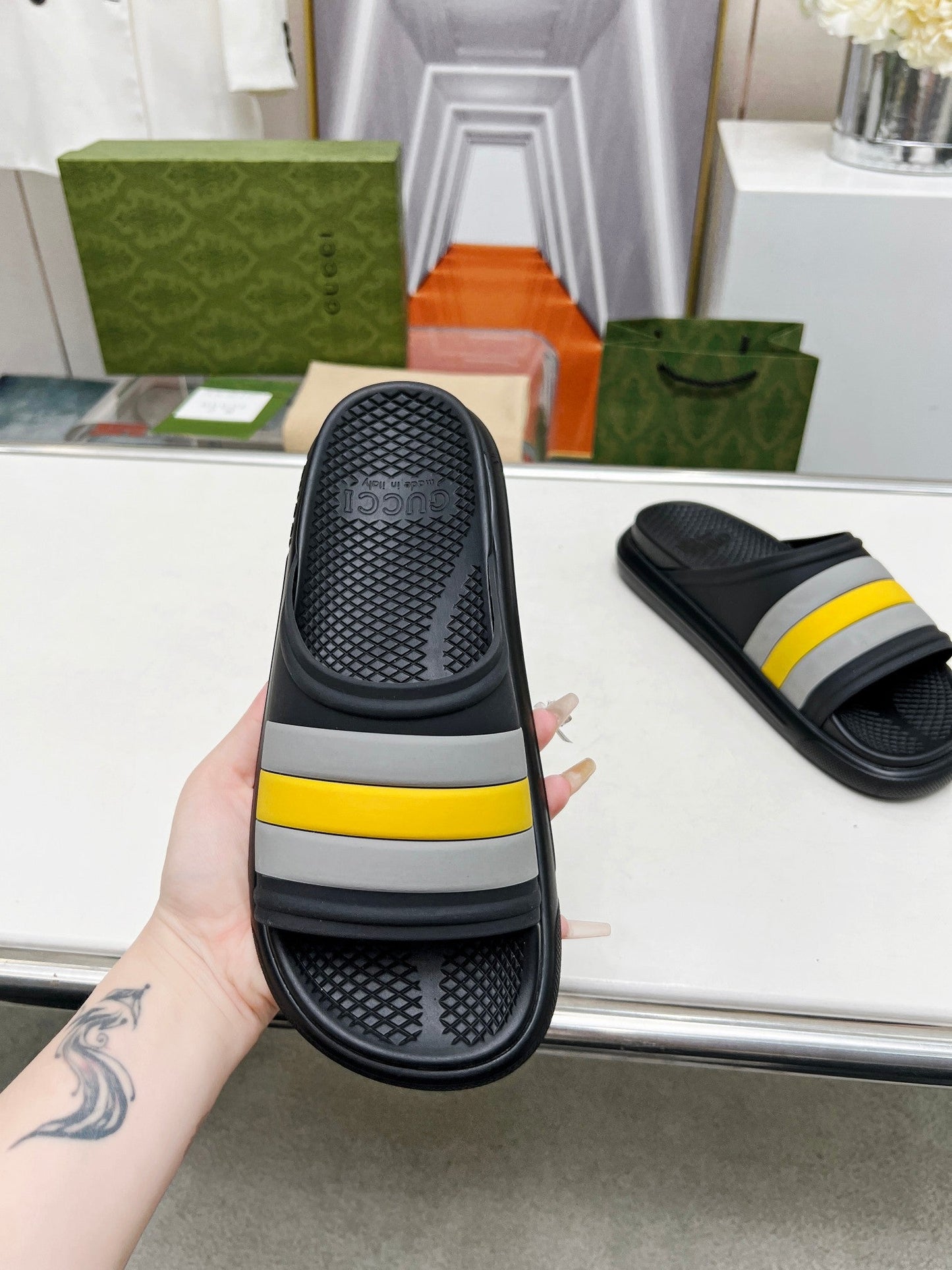 PLATFORM SLIPPERS IN BLACK MIX GRAY AND YELLOW IMPORTED TPU - 35