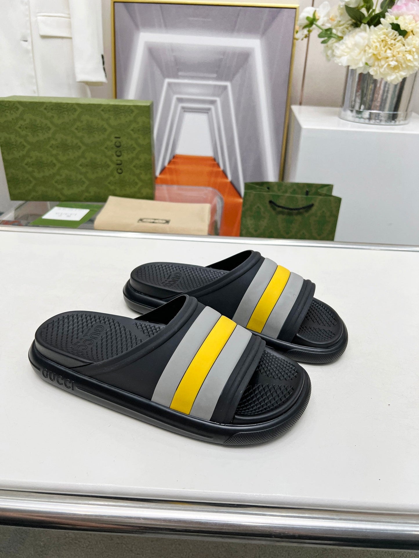 PLATFORM SLIPPERS IN BLACK MIX GRAY AND YELLOW IMPORTED TPU - 35