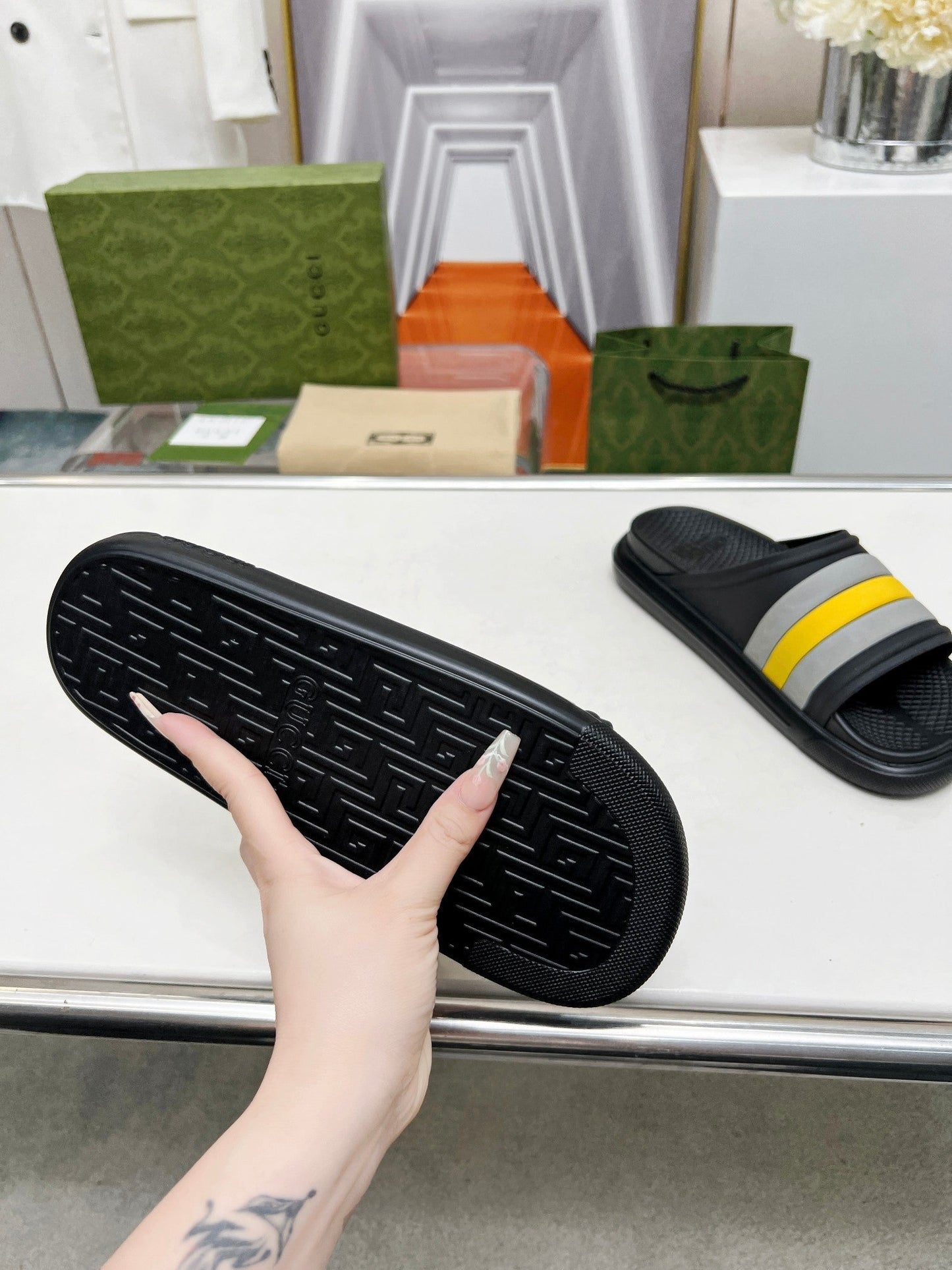 PLATFORM SLIPPERS IN BLACK MIX GRAY AND YELLOW IMPORTED TPU - 35