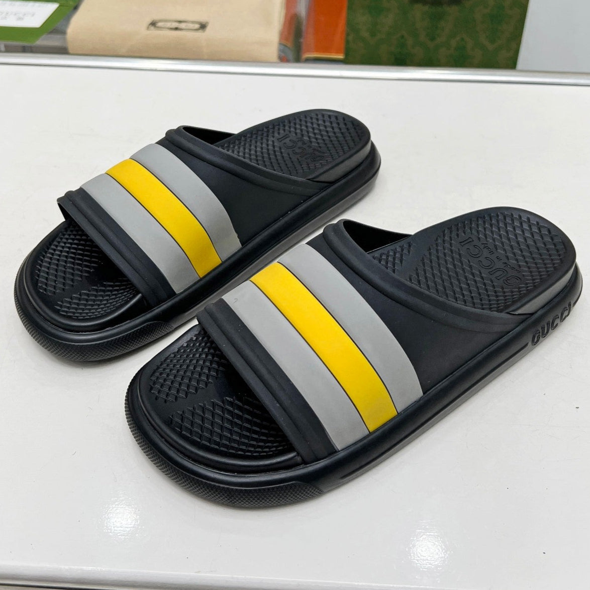 PLATFORM SLIPPERS IN BLACK MIX GRAY AND YELLOW IMPORTED TPU - 35