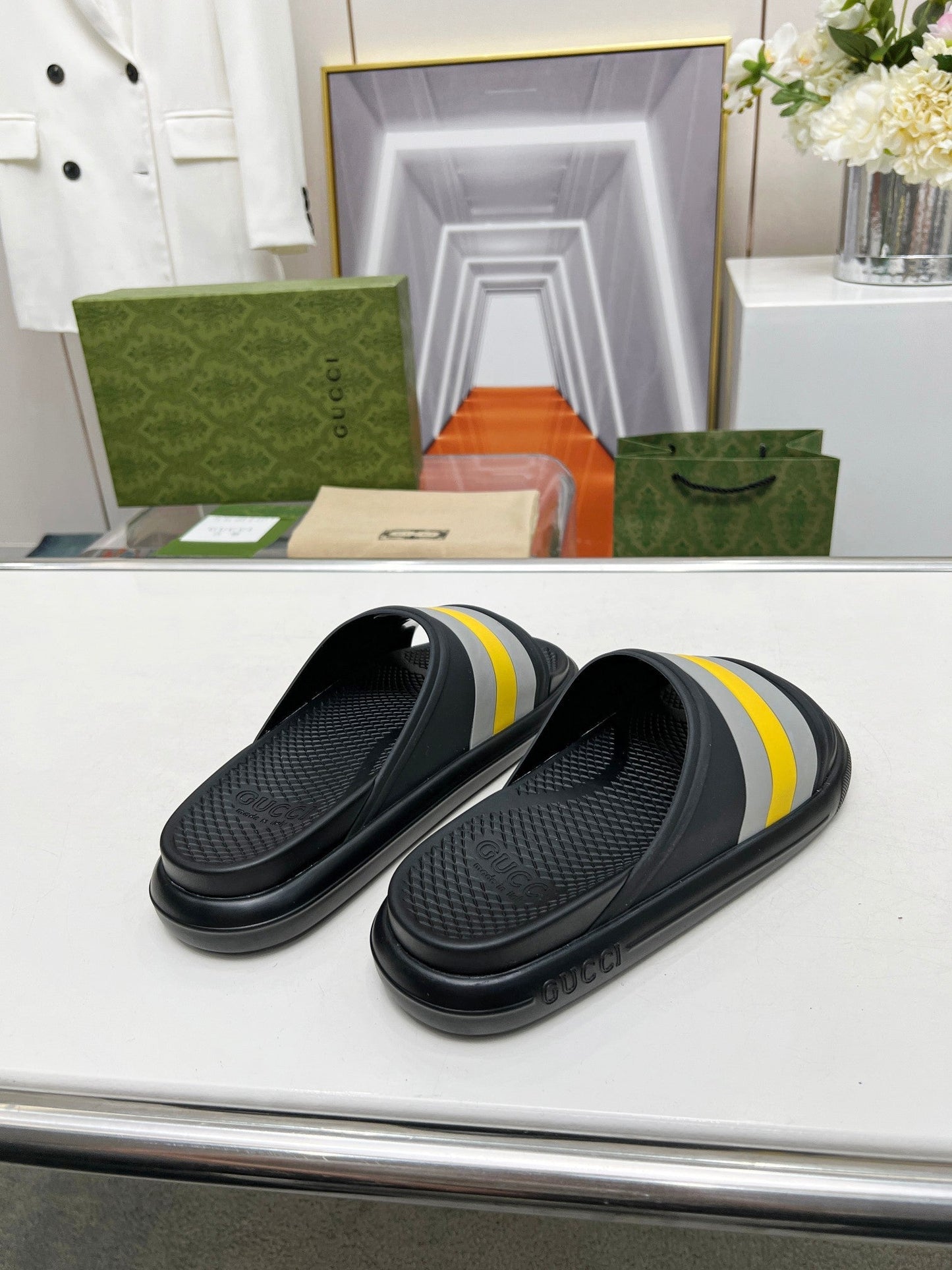 PLATFORM SLIPPERS IN BLACK MIX GRAY AND YELLOW IMPORTED TPU - 35