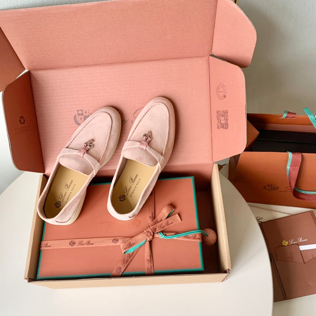 Loro Piana Light Pink Suede Summer Charms Walk Loafers - 35