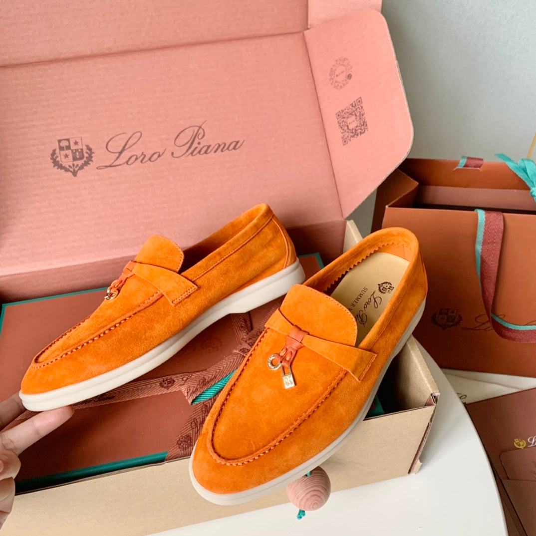 Loro Piana Light Orange Suede Summer Charms Walk Loafers - 35