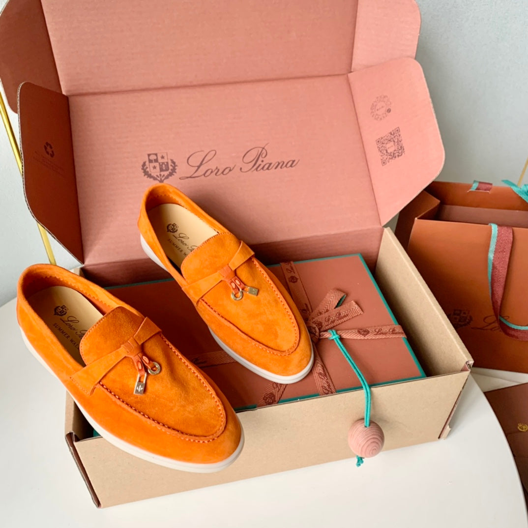Loro Piana Light Orange Suede Summer Charms Walk Loafers - 35