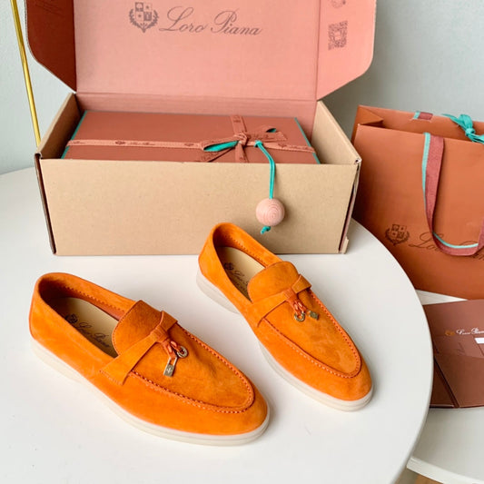Loro Piana Light Orange Suede Summer Charms Walk Loafers - 35