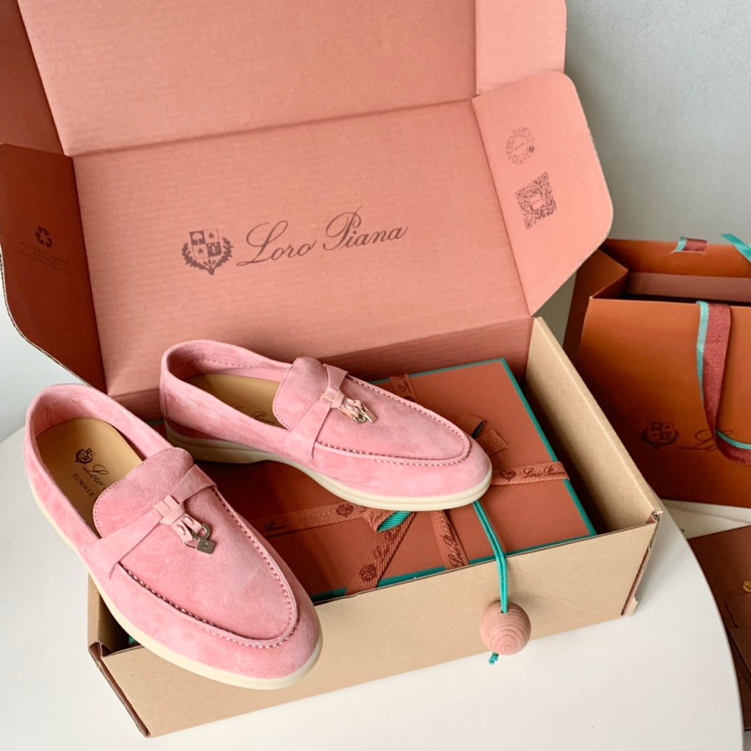 Loro Piana Pink Suede Summer Charms Walk Loafers - 35
