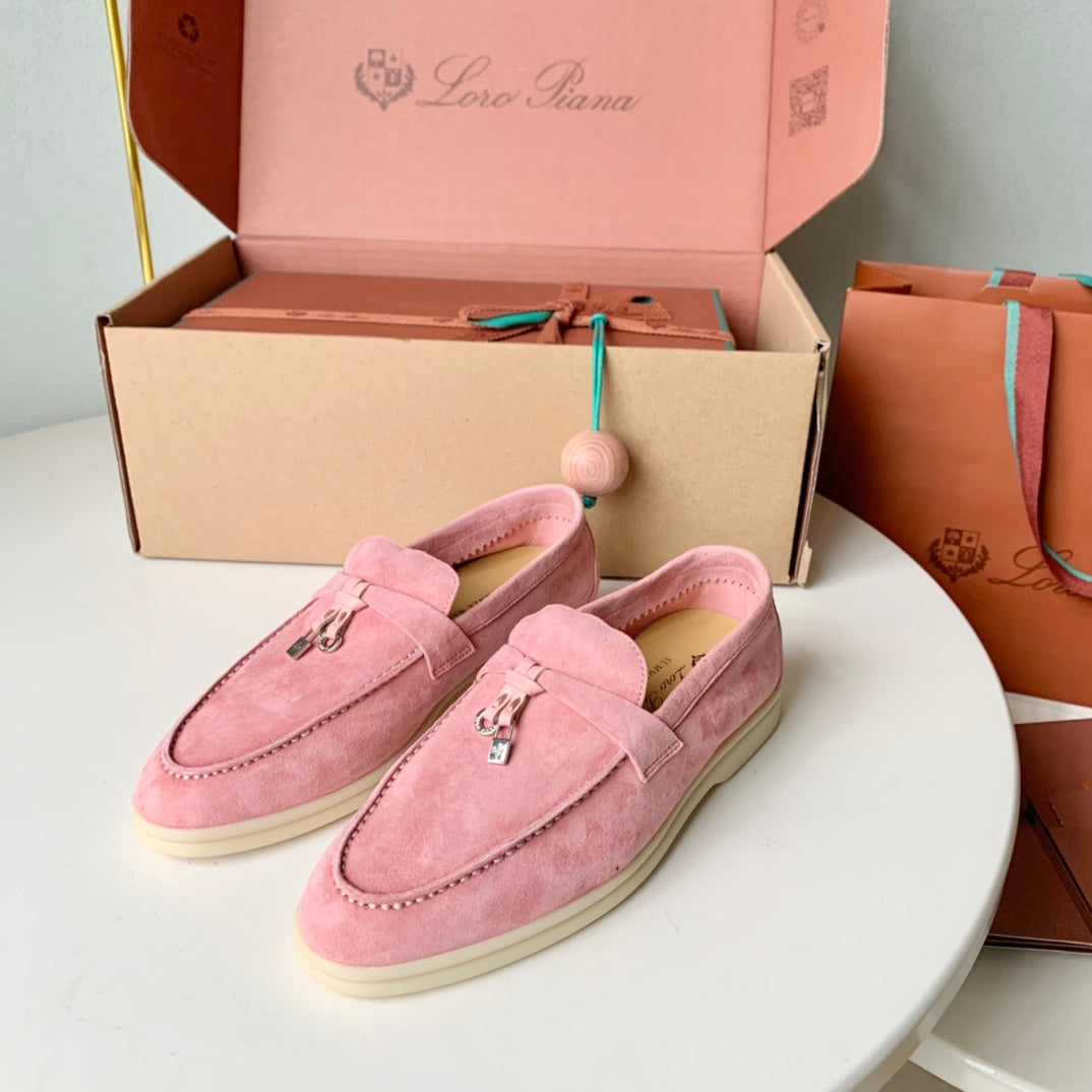 Loro Piana Pink Suede Summer Charms Walk Loafers - 35
