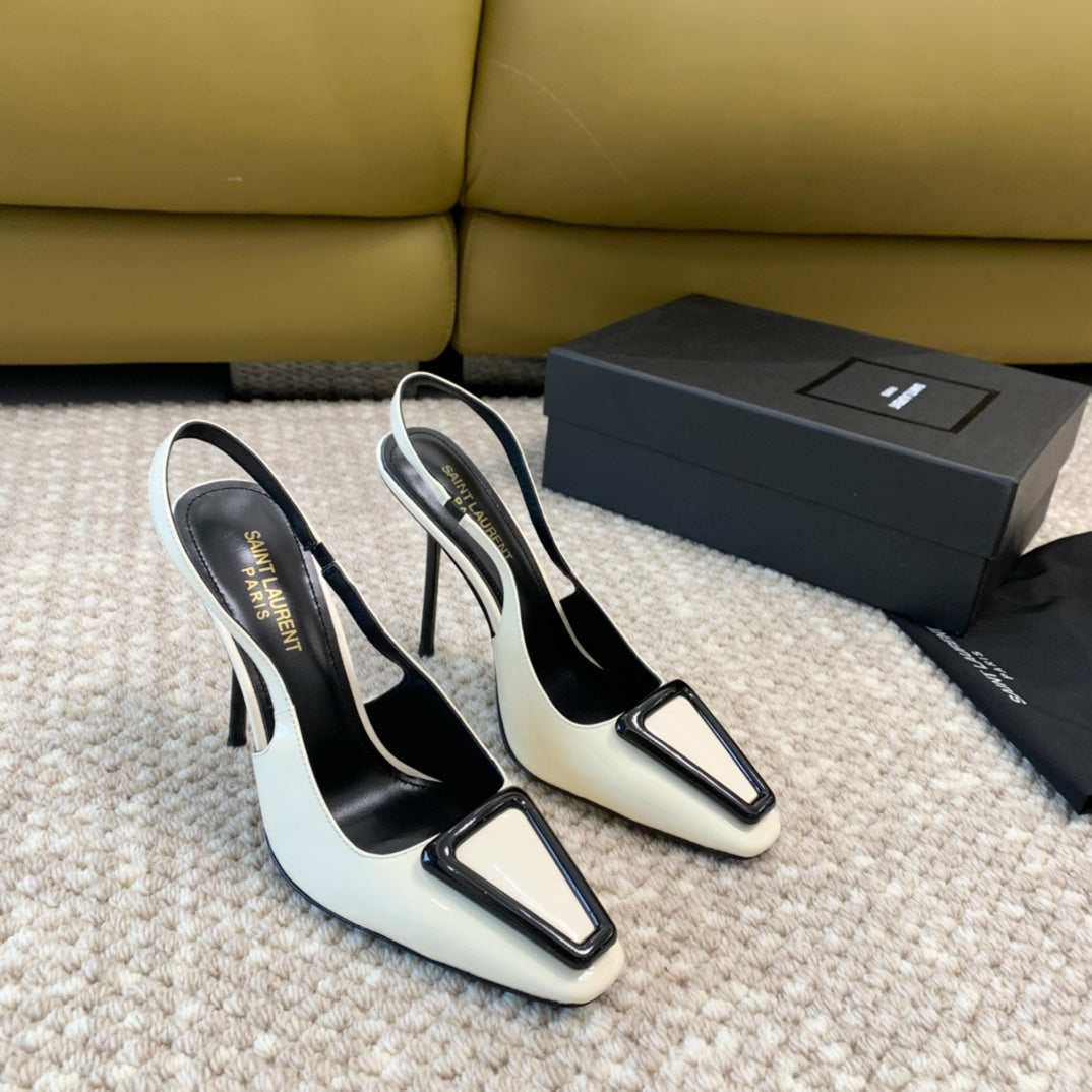 SL TRIANGLE HEELED SLINGBACKS WHITE CALFSKIN - 35 / 5 CM