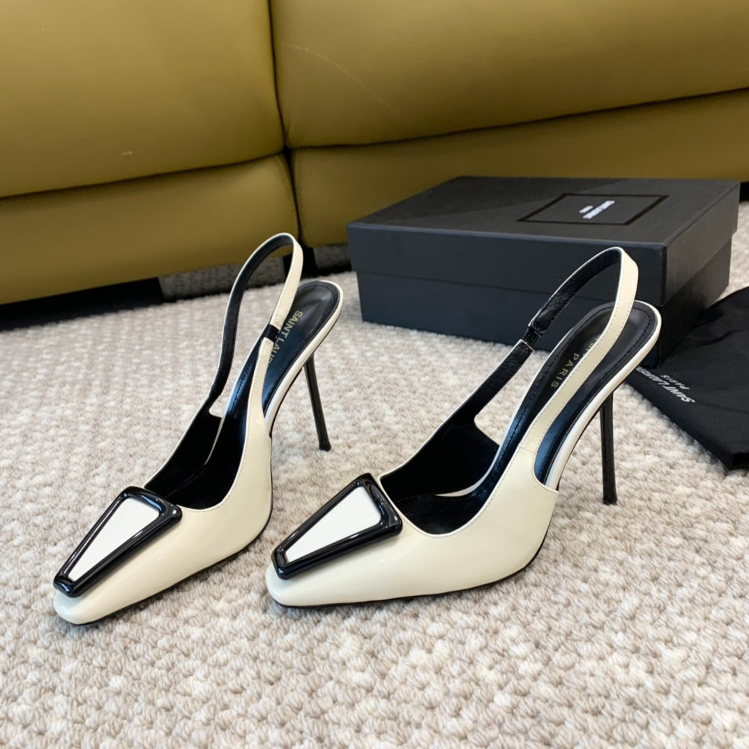 SL TRIANGLE HEELED SLINGBACKS WHITE CALFSKIN - 35 / 5 CM