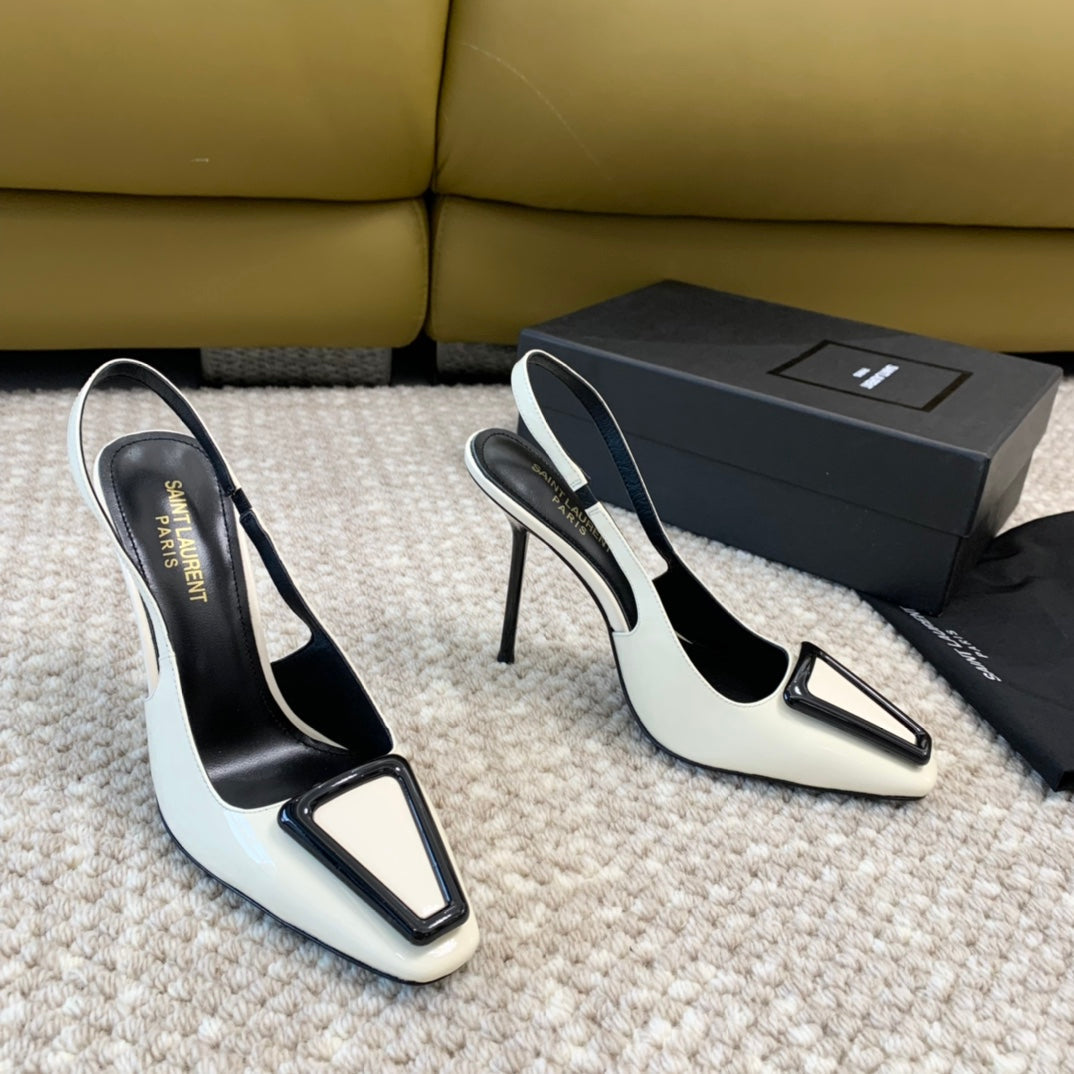 SL TRIANGLE HEELED SLINGBACKS WHITE CALFSKIN - 35 / 5 CM