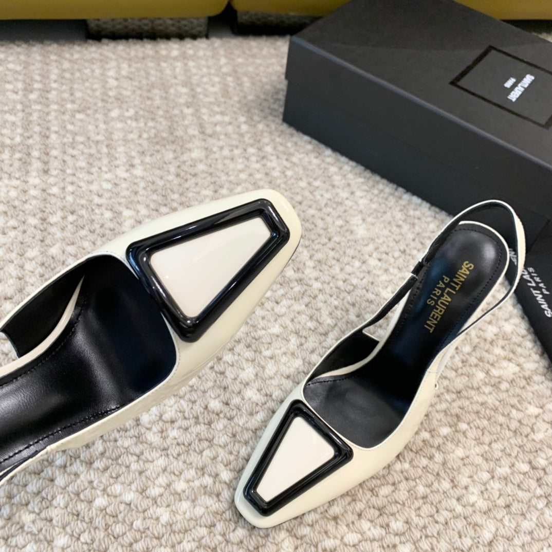 SL TRIANGLE HEELED SLINGBACKS WHITE CALFSKIN - 35 / 5 CM